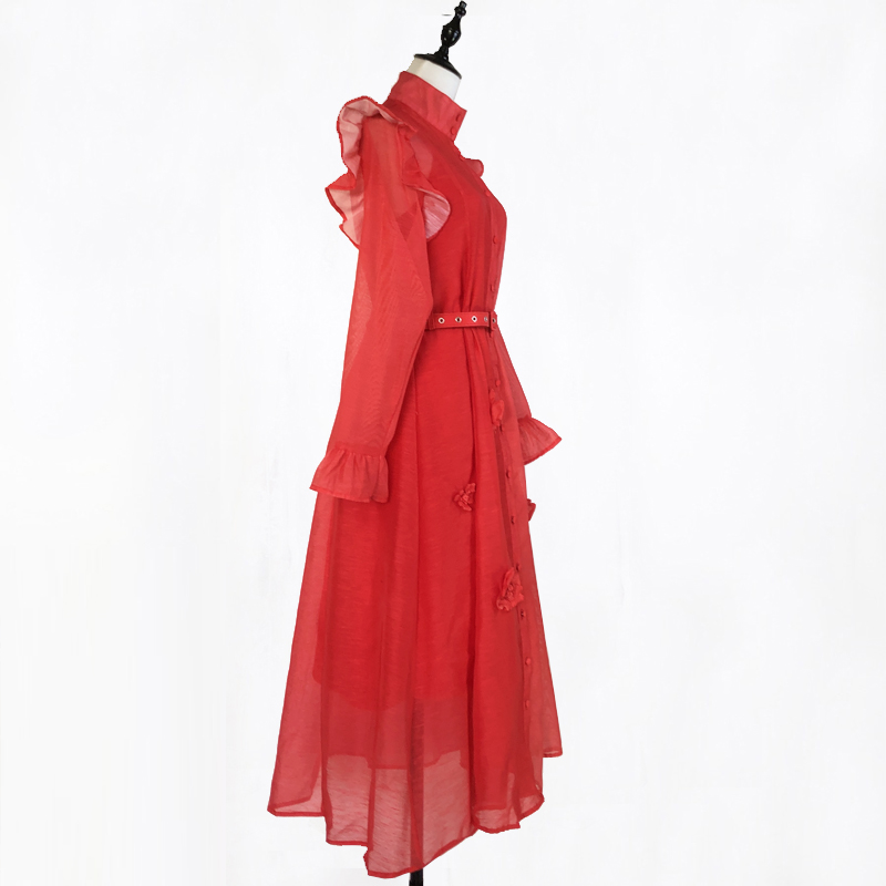 With belt single-breasted trumpet sleeves pure dress