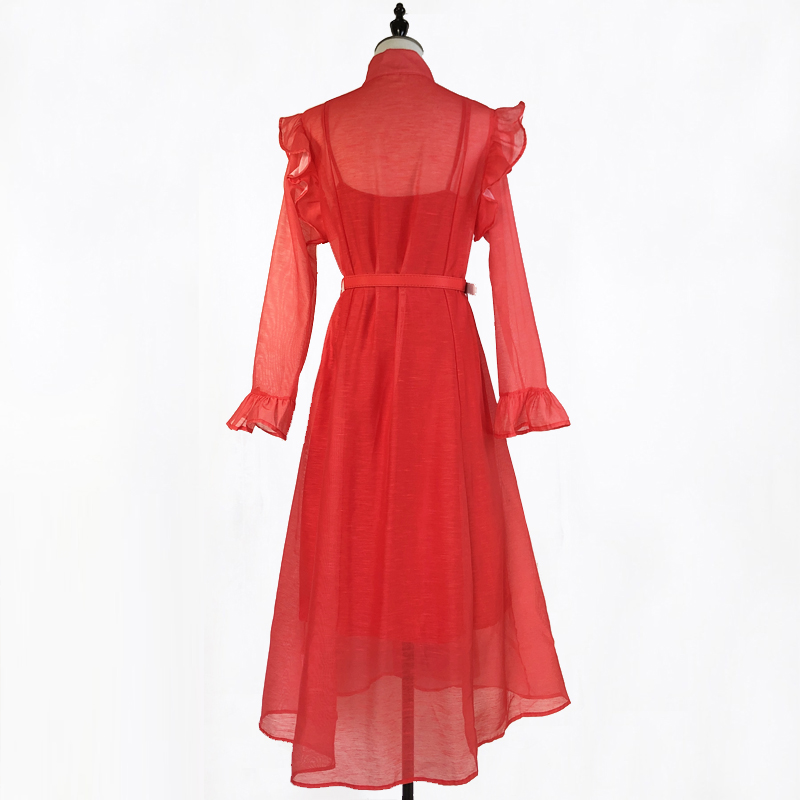 With belt single-breasted trumpet sleeves pure dress
