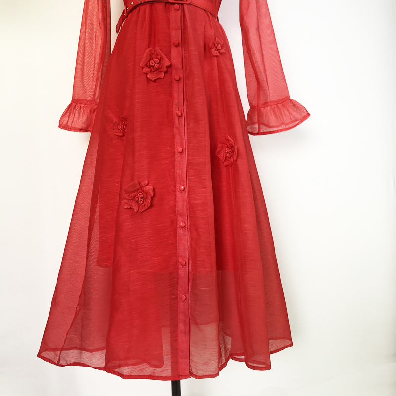 With belt single-breasted trumpet sleeves pure dress