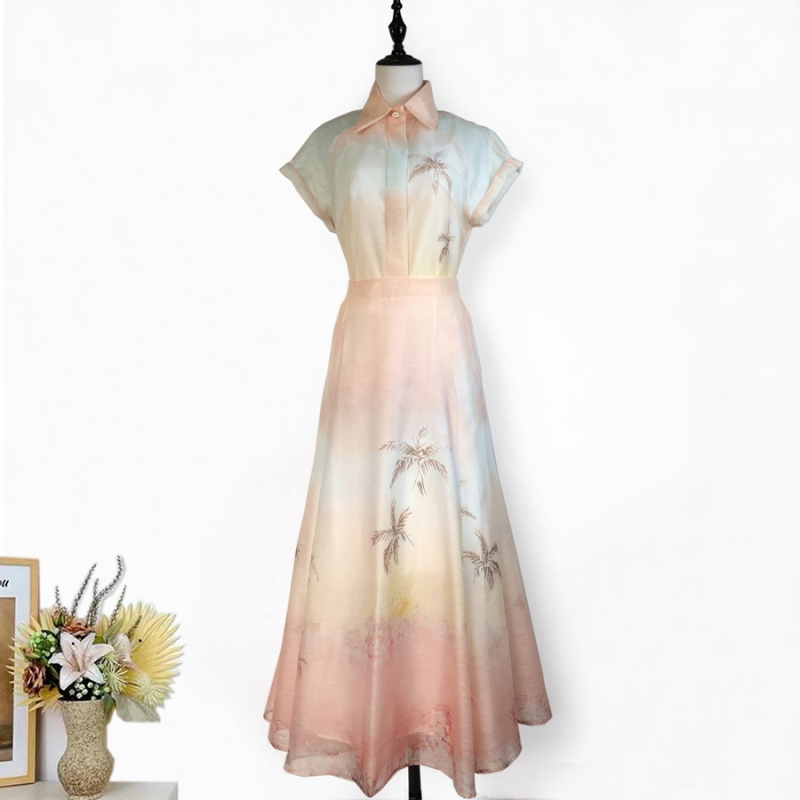 Pattern long lapel skirt slim big skirt shirt a set
