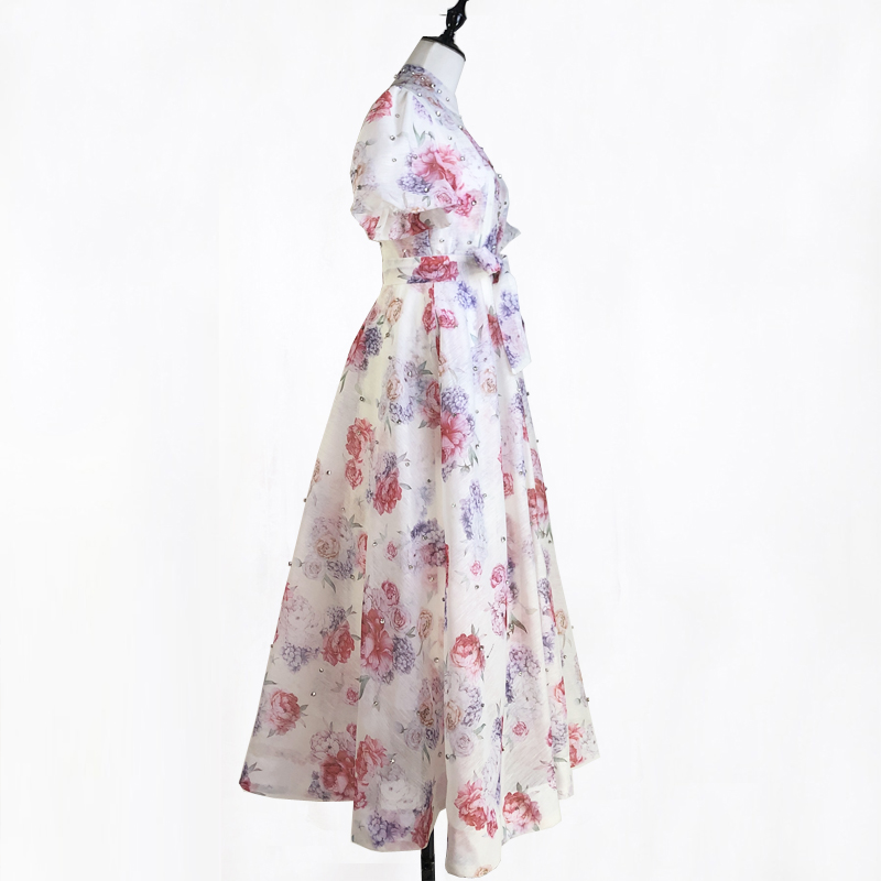 Retro rhinestone sling puff sleeve court style dress