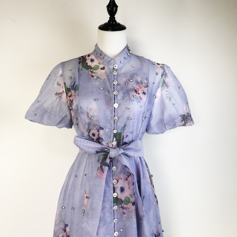 Retro rhinestone sling puff sleeve court style dress