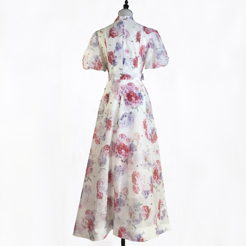 Retro rhinestone sling puff sleeve court style dress