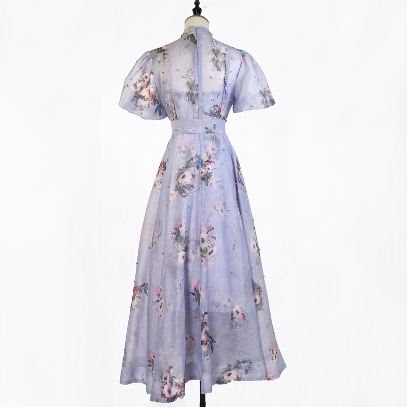 Retro rhinestone sling puff sleeve court style dress