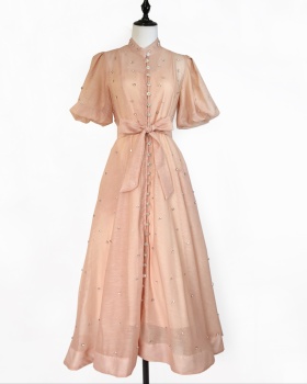 Puff sleeve court style sling retro single-breasted dress