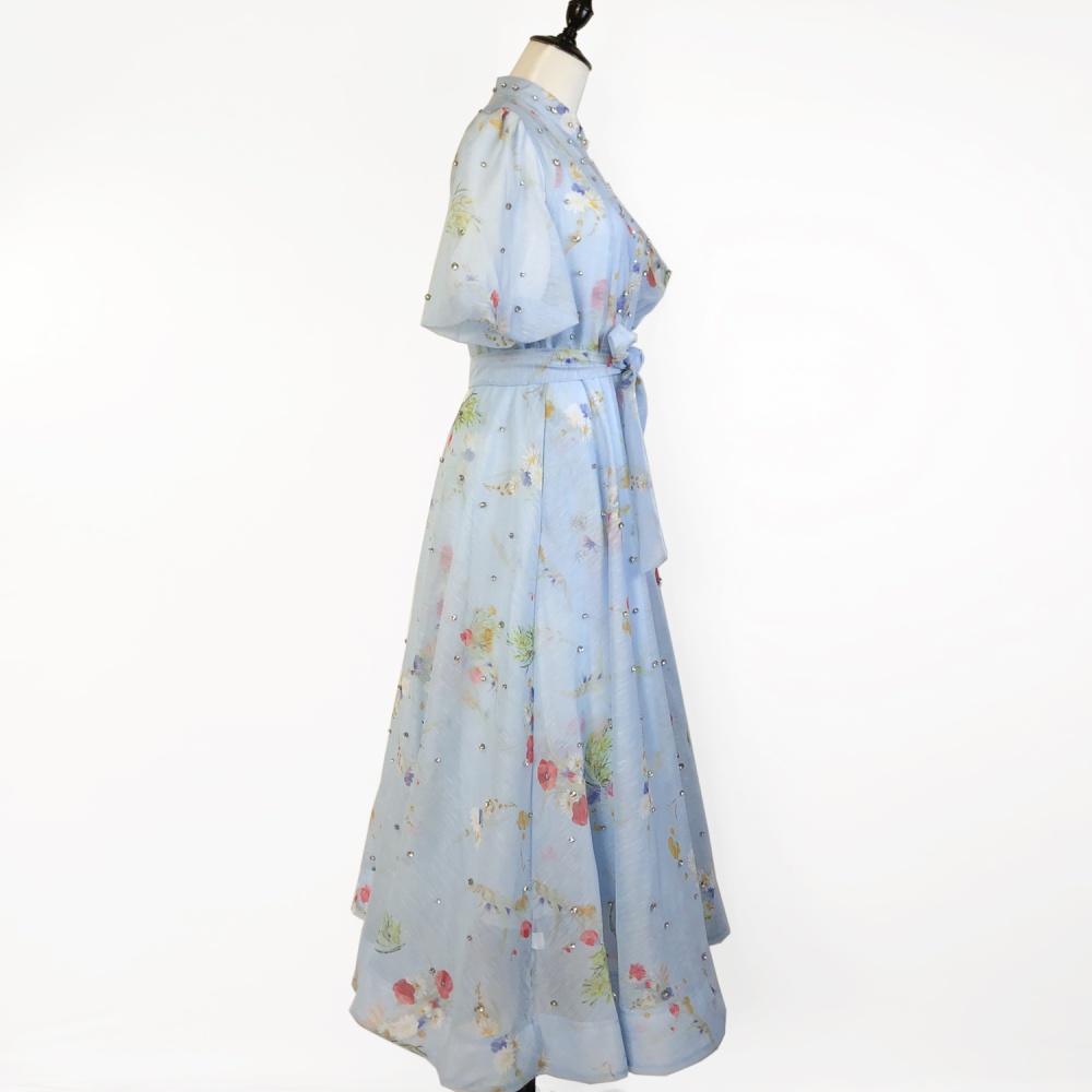 Puff sleeve court style sling retro single-breasted dress