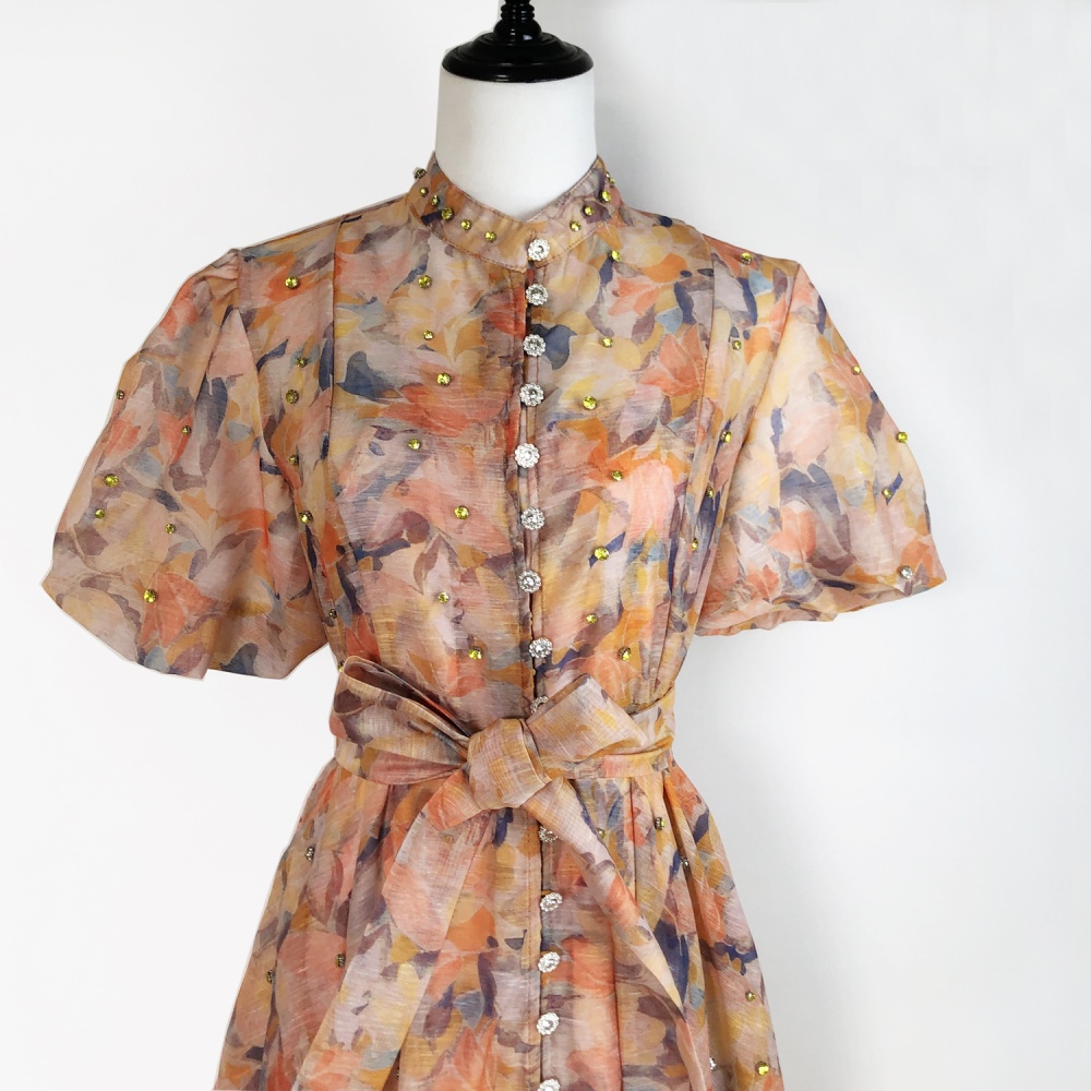 Puff sleeve court style sling retro single-breasted dress