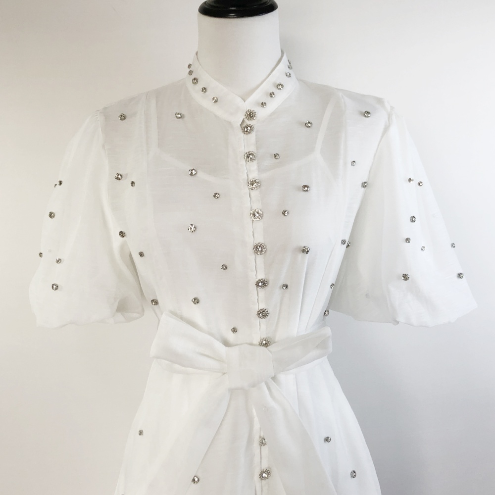 Puff sleeve court style sling retro single-breasted dress