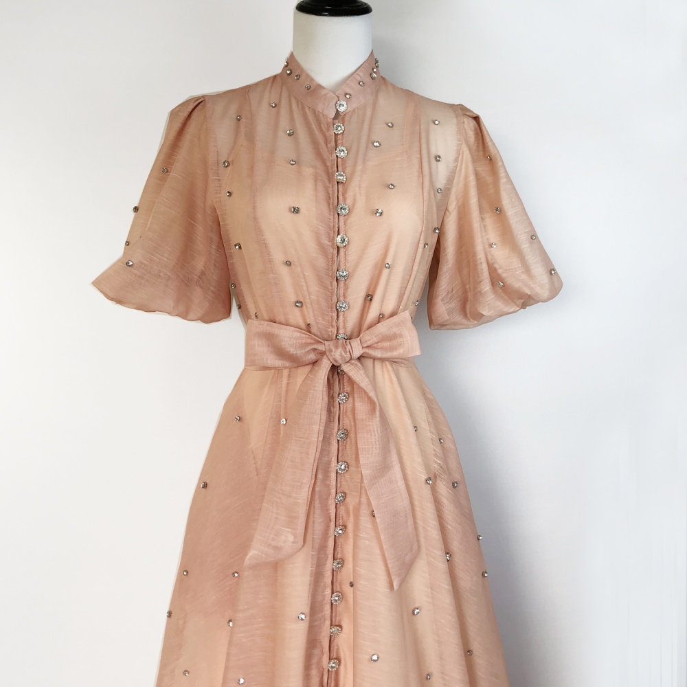 Puff sleeve court style sling retro single-breasted dress