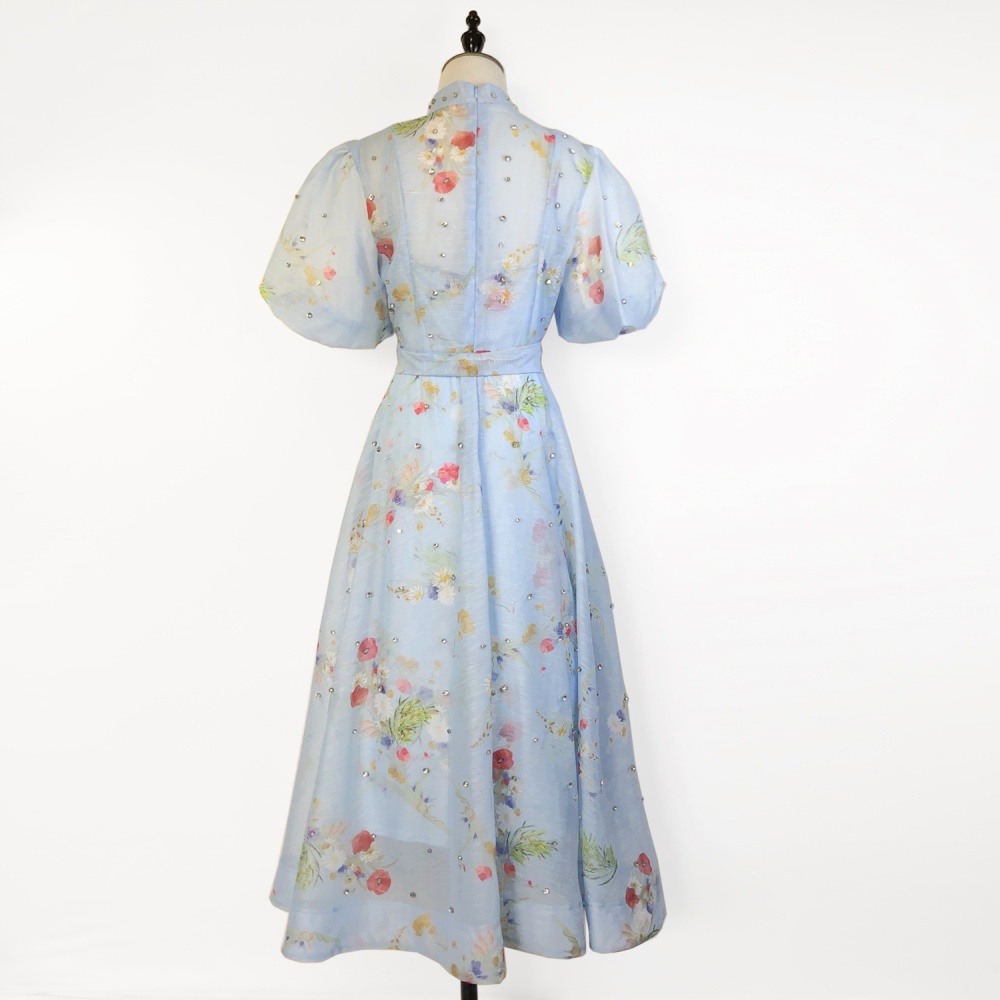 Puff sleeve court style sling retro single-breasted dress