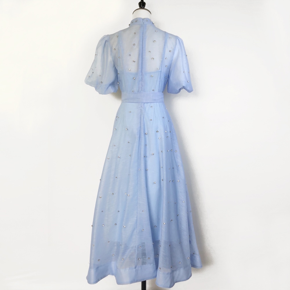 Puff sleeve court style sling retro single-breasted dress