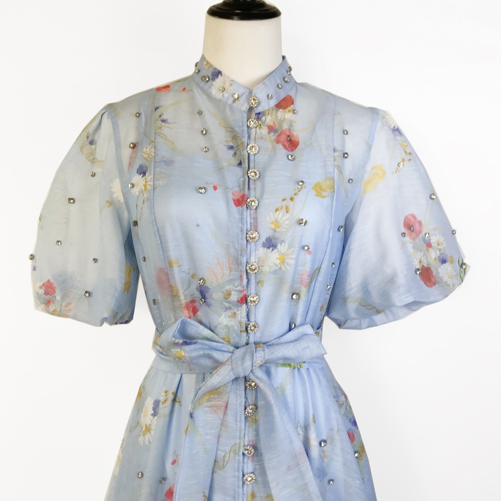 Puff sleeve court style sling retro single-breasted dress