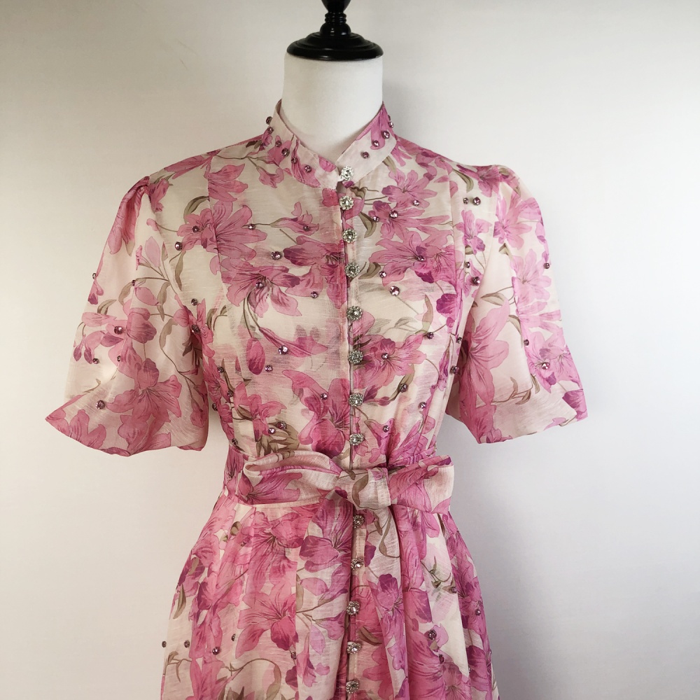 Puff sleeve court style sling retro single-breasted dress