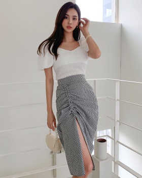 Spring and summer elastic waist tops plaid dress 2pcs set