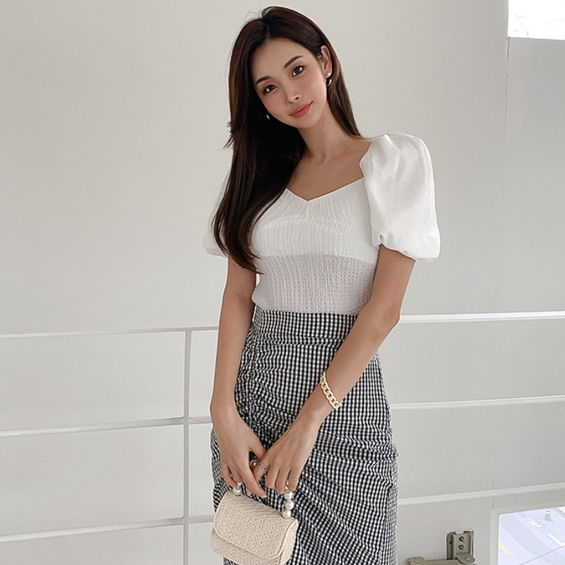 Spring and summer elastic waist tops plaid dress 2pcs set