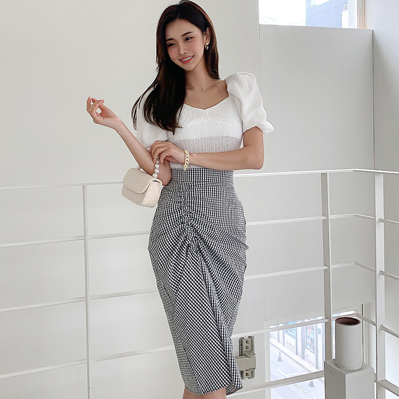 Spring and summer elastic waist tops plaid dress 2pcs set