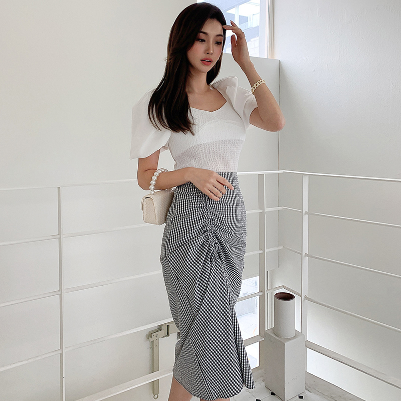 Spring and summer elastic waist tops plaid dress 2pcs set