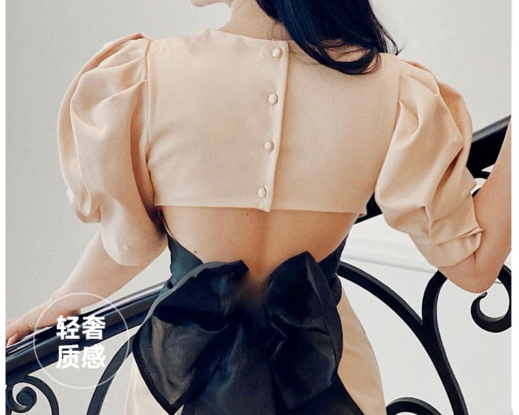 Square collar slim bow back hollow dress