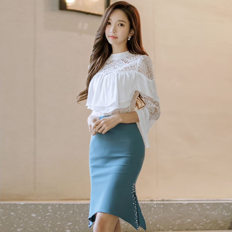 Lace round neck profession sunscreen slim tops 2pcs set