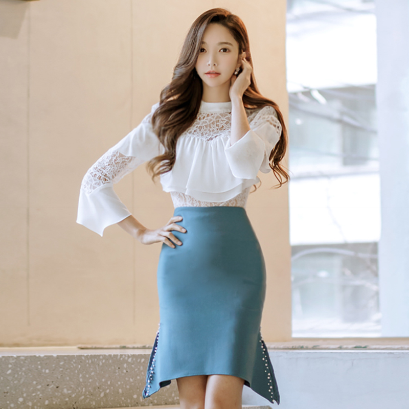 Lace round neck profession sunscreen slim tops 2pcs set