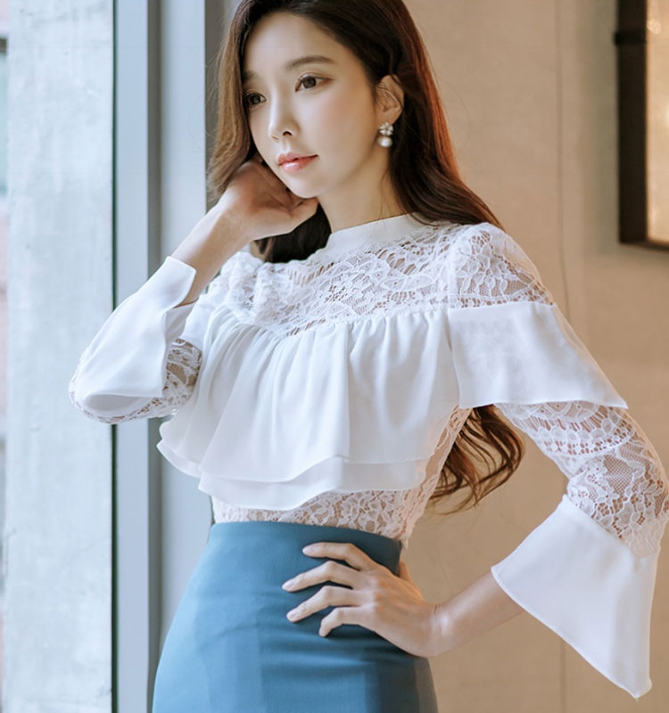 Lace round neck profession sunscreen slim tops 2pcs set