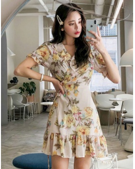 V-neck long chiffon loose wavy edge frenum Korean style dress