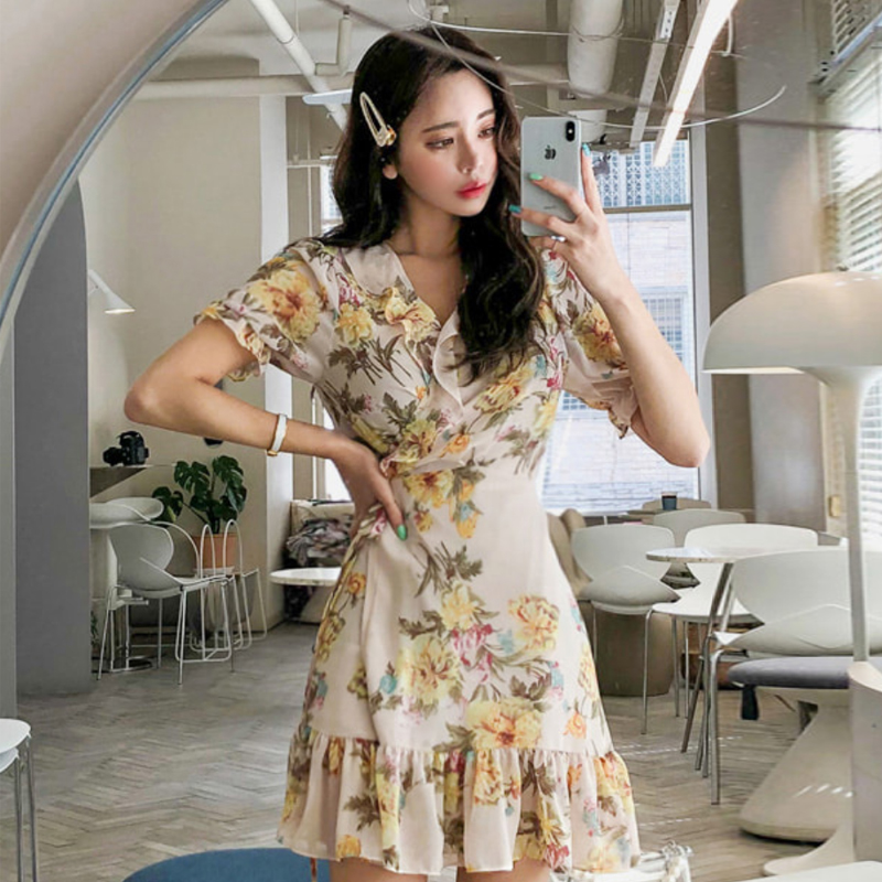 V-neck long chiffon loose wavy edge frenum Korean style dress