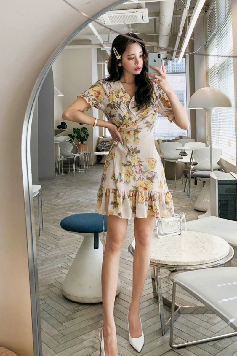 V-neck long chiffon loose wavy edge frenum Korean style dress