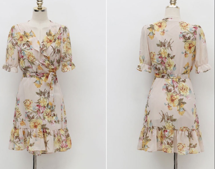 V-neck long chiffon loose wavy edge frenum Korean style dress