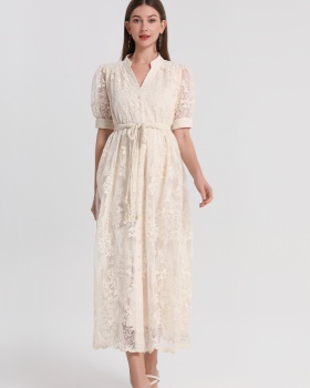 Pinched waist summer France style V-neck dress
