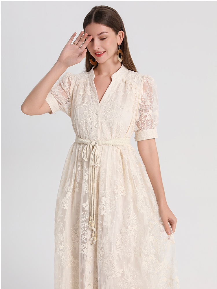 Pinched waist summer France style V-neck dress