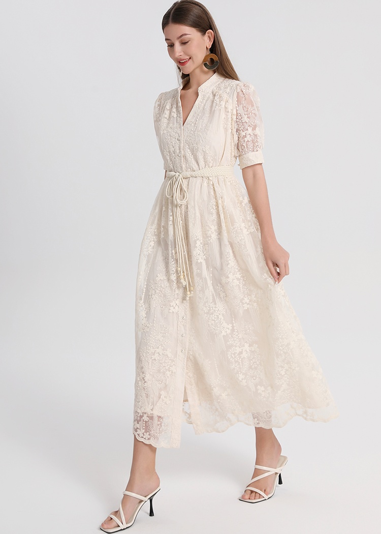 Pinched waist summer France style V-neck dress