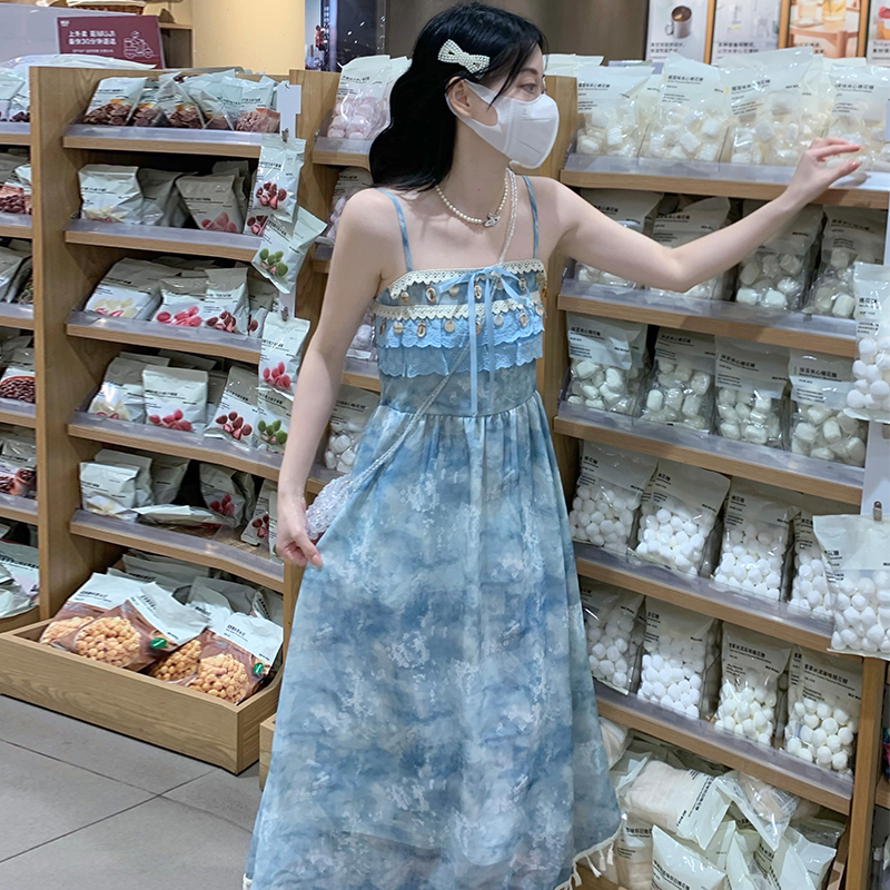 Sweet vacation long dress sling seaside dress