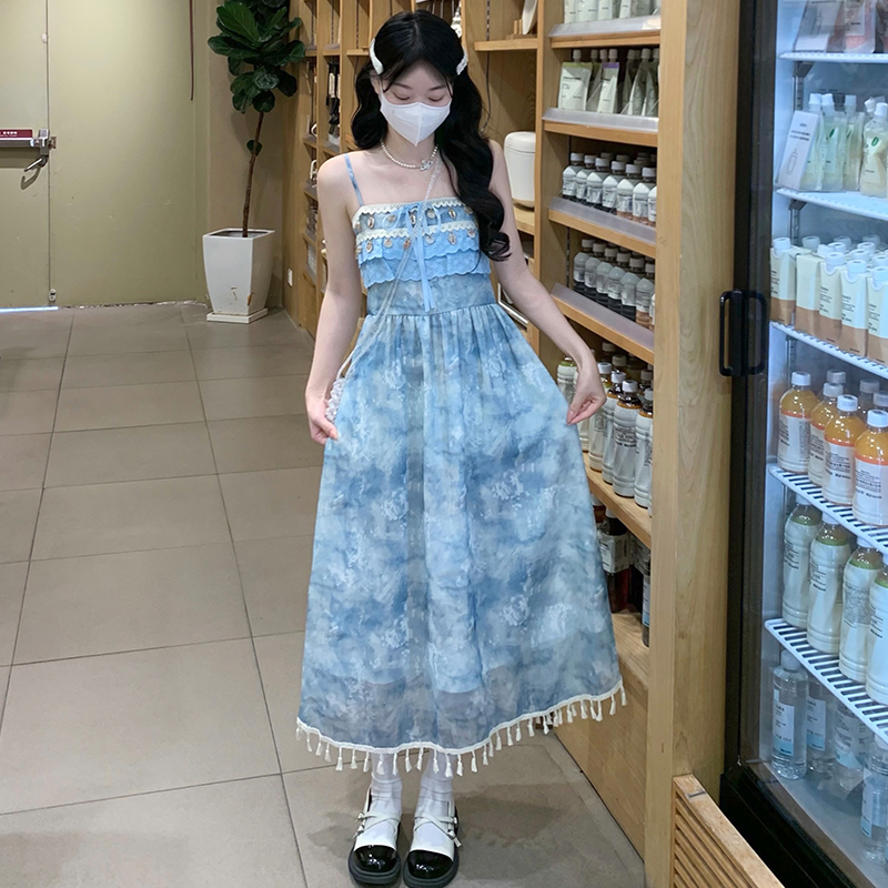 Sweet vacation long dress sling seaside dress