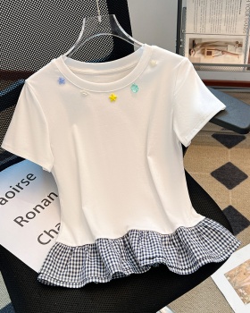 Lotus leaf edges short sleeve T-shirt plaid tops for women