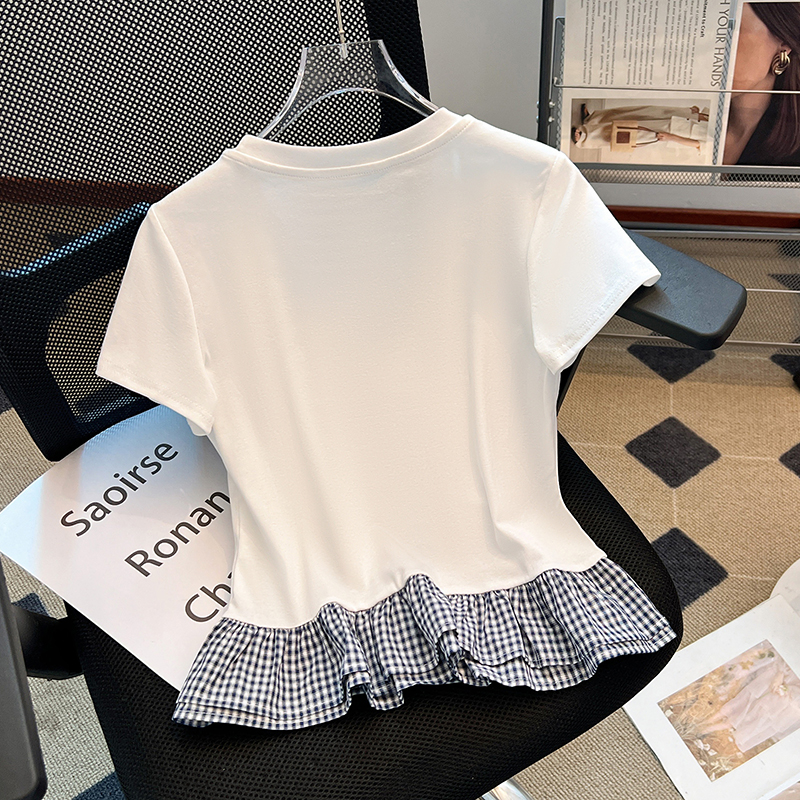 Lotus leaf edges short sleeve T-shirt plaid tops for women