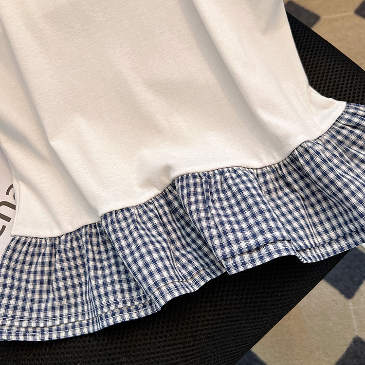 Lotus leaf edges short sleeve T-shirt plaid tops for women
