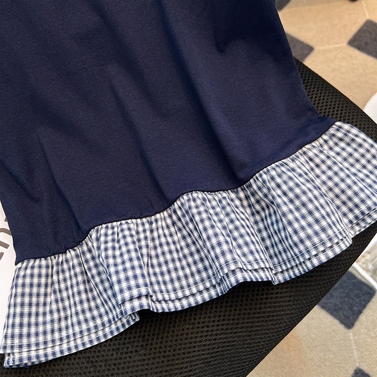 Lotus leaf edges short sleeve T-shirt plaid tops for women