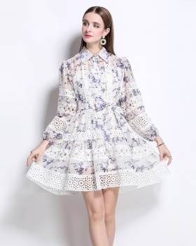 Lace printing retro spring splice long sleeve hollow dress