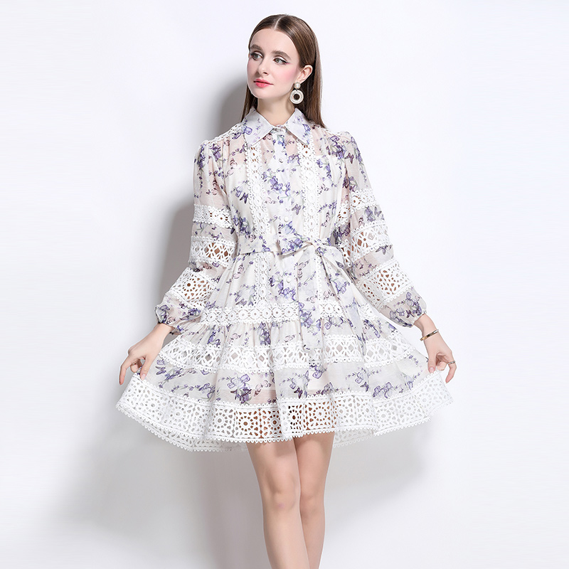 Lace printing retro spring splice long sleeve hollow dress