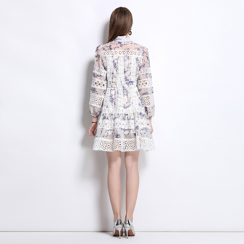 Lace printing retro spring splice long sleeve hollow dress