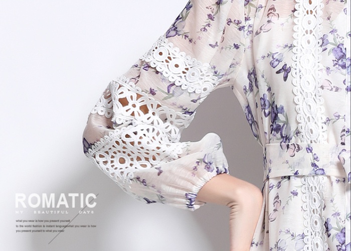 Lace printing retro spring splice long sleeve hollow dress