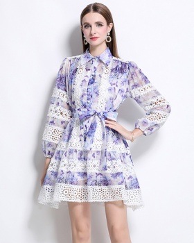 Printing lace spring long sleeve retro hollow dress