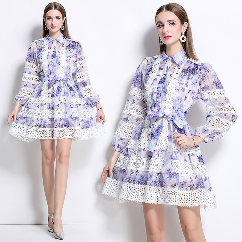 Printing lace spring long sleeve retro hollow dress