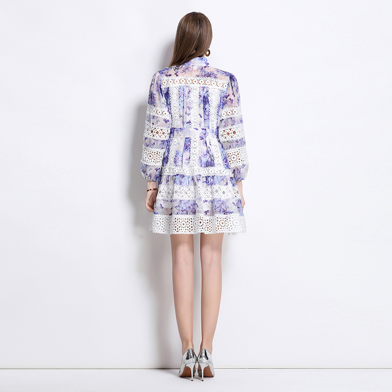 Printing lace spring long sleeve retro hollow dress