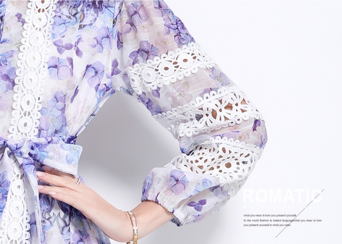 Printing lace spring long sleeve retro hollow dress