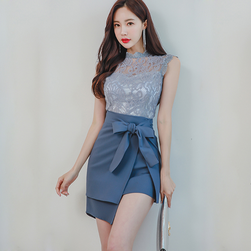 Temperament tops pinched waist skirt a set for women