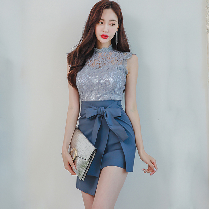Temperament tops pinched waist skirt a set for women