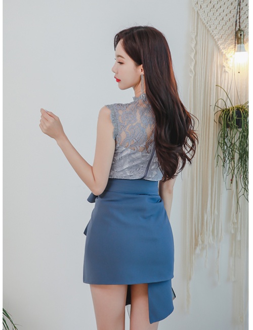 Temperament tops pinched waist skirt a set for women