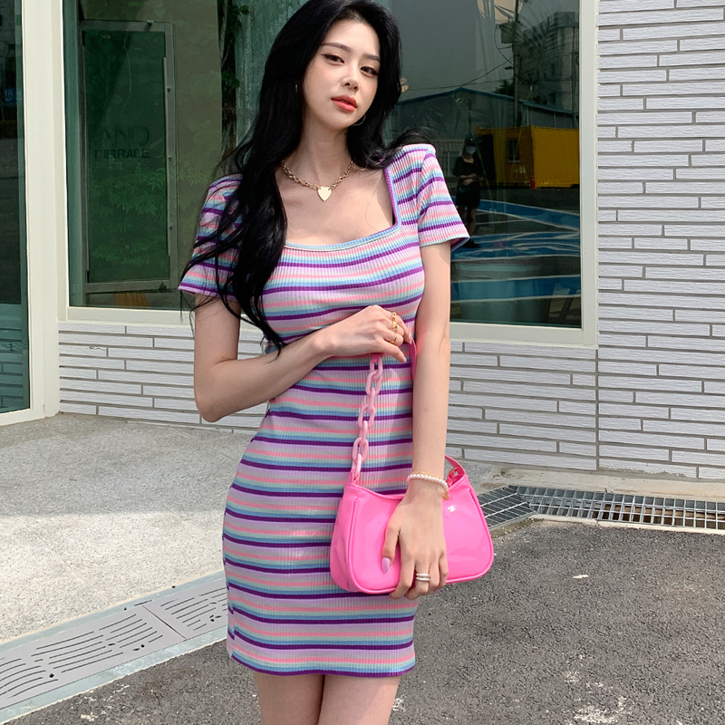 Temperament stripe knitted Korean style Casual dress